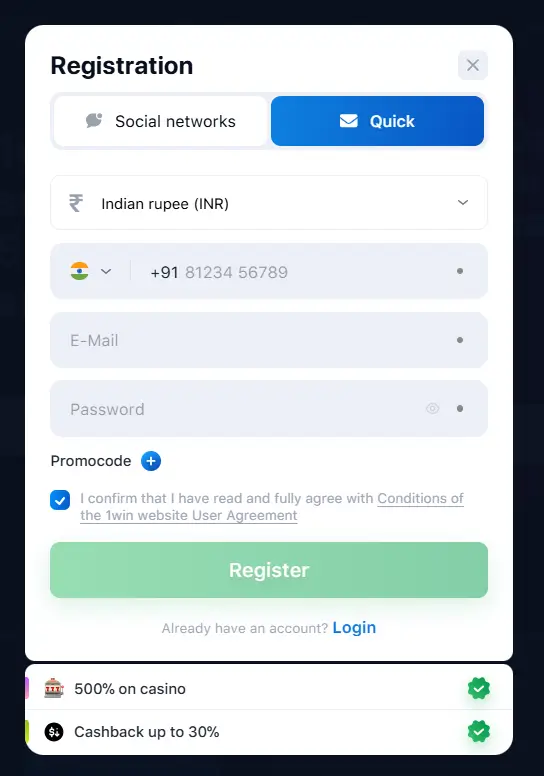 Registration on 1win India Registration on 1win India